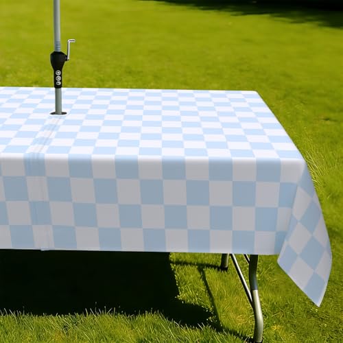 qchdln 60"X84" Plaid Outdoor Tablecloth with Umbrella Hole Water Resistant Fabric Zipper Table Cloths for Outdoor Garden Patio Decorations