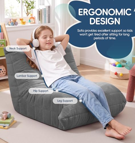 Image of Hobestluk Small Bean Bag Chair Faux Fur Fabric BeanBag Couch for Playroom | Grey Corduroy,Ergonomic Design,Memory Foam,Strong Supportive,No Assembly Required,Decorative Style for Living Room Bedroom