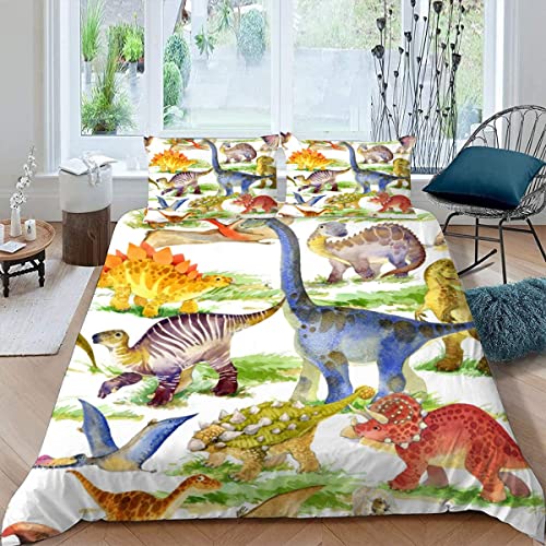 RFFLUX 3D Dinosaurier Bettwäsche 135x200 cm 4teilig mit Reißverschluss Microfaser Warme Weich Bettbezug Set Karikatur Dino Kinderbettwäsche mit 2 Kissenbezug 80x80 für Mädchen Junge