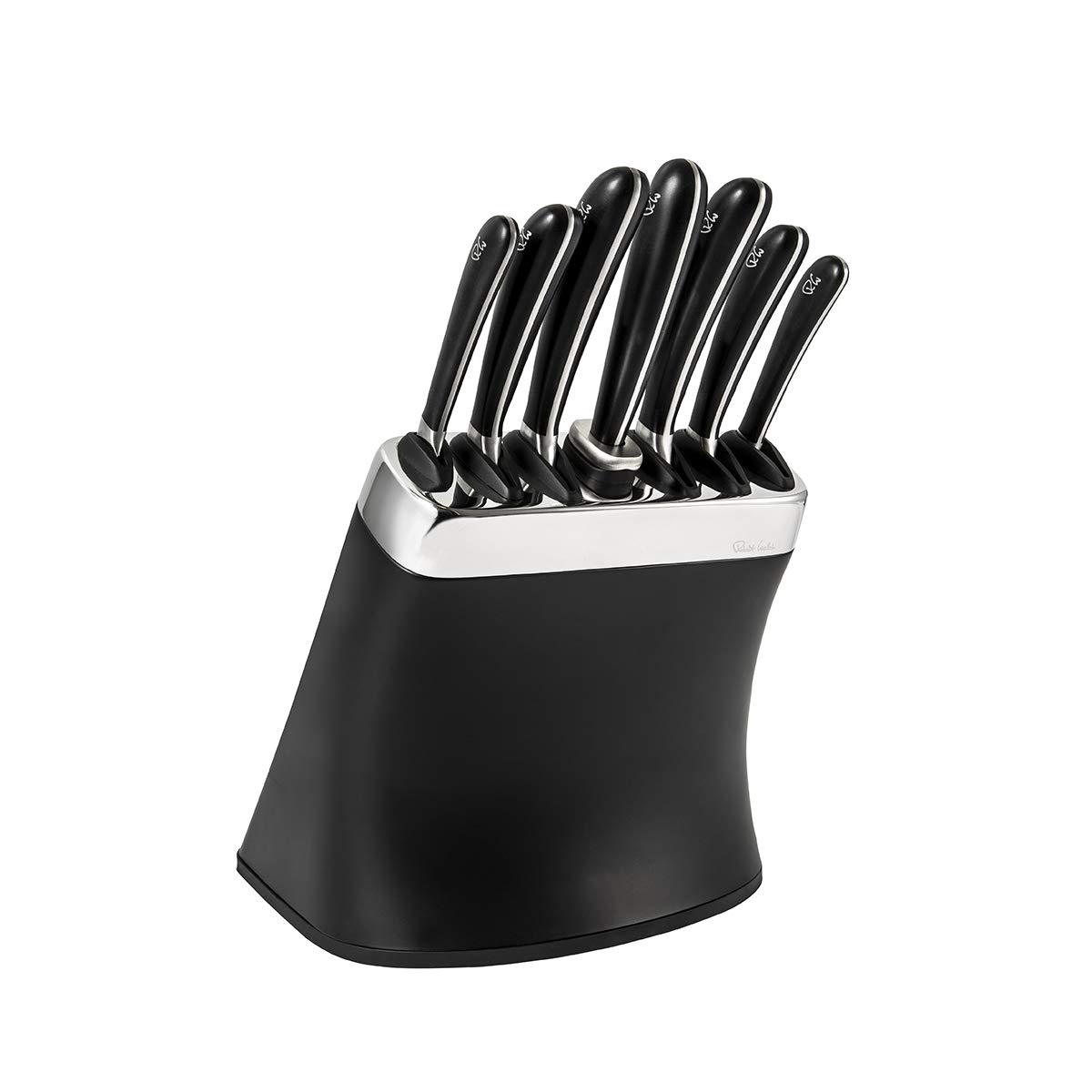 Robert Welch Signature Knife Block Set with Steel. Bread 22cm, Carving 23cm, Cook’s 14cm, Kitchen 14cm, Serrated Utility 12cm, Vegetable 8cm, Signature Sharpening Steel,