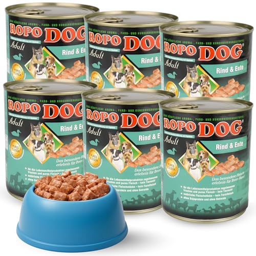 ROPODOG Hundefutter Nassfutter 6×800 g für Erwachsene Hunde Aller Rassen Premium Qualität getreidefrei, proteinreich, gut verträglich – Vollnahrung im Vorratspack (Rind & Ente)
