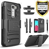 LG Escape 2 Case, LG Spirit LTE Case, Combo Rugged Shell Cover Holster with Built-in Kickstand and Holster Locking Belt Clip Black + Circle(TM) Stylus Touch Screen Pen