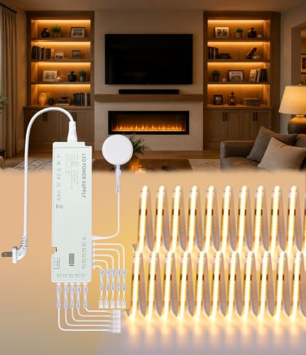 Image of JUSJUBR Shelf Lighting, 32.8ft 24V Dimmable Cuttable COB LED Strip Lights, Warm White 3000K, LED Lights for Shelves, Cabinets, Bookshelves, Display Cases, Closets, Wall Panels and Kitchens
