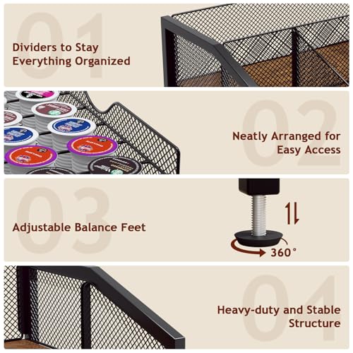 Image of Homsorout Coffee Bar Organizer - Coffee Station for Countertop, Metal and Wood K Cup holder Storage Basket with Drawer for Syrup, Cups, Stirrer, Condiment, Tea Organizer, Brown