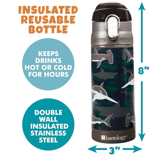 Image of Bentology Stainless Steel 13 Oz Reusable Water Bottle for Kids, Shark | Double Wall Insulated, Spill Proof Lid W /Built-in Straw- Keep Liquids Hot or Cold- Easily Fits in Lunch Boxes & Bags