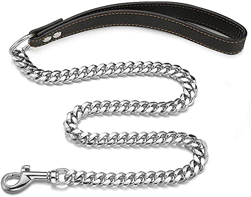 Guinzaglio a catena per cani da 0,9 m, colore argento, con maglie cubane, larghezza 10 mm/14 mm, impermeabile, a prova di masticazione, in acciaio inox, con manico in vera pelle, per cani di