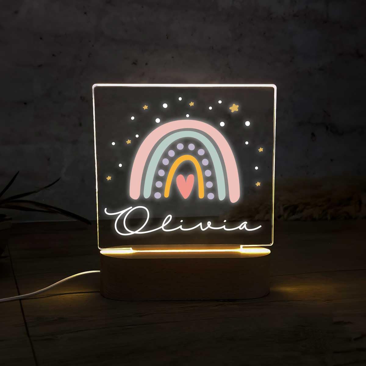 Lampara Quitamiedos Infantil Personalizada con Nombre Bebés Recien Nacidos de Metacrilato Acrilico Madera con Led Luz Nocturna Mesita Noche (Arcoiris)