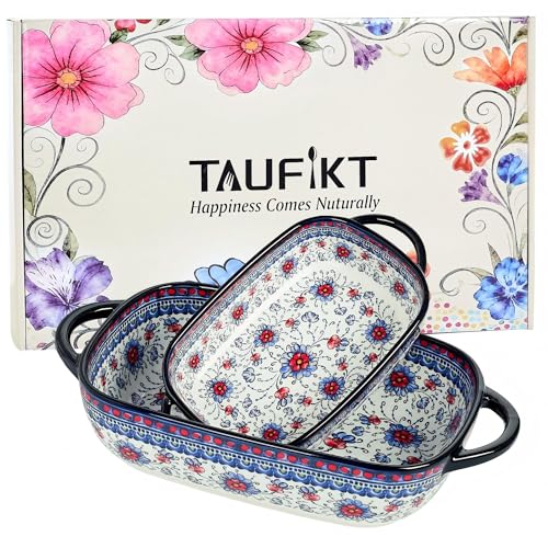 TAUFIKT Ceramic Casserole Dishes for Oven Hand-painted Polish Pottery Baking Dish Set of 2 0.8QT / 2QT Porcelain Casserole Dishes with Handles Baking Pan Lasagna Pan Gift for Family/Friend (Blue)