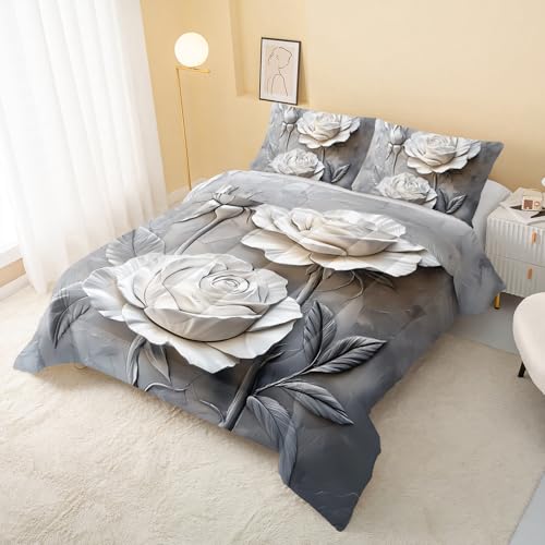 Image of QOOMO Flowers Comforter Set, Gray, Full Size | Cartoon Plants Bedding, Microfiber Lightweight, 1 Comforter 2 Pillowcases, Room Decoration