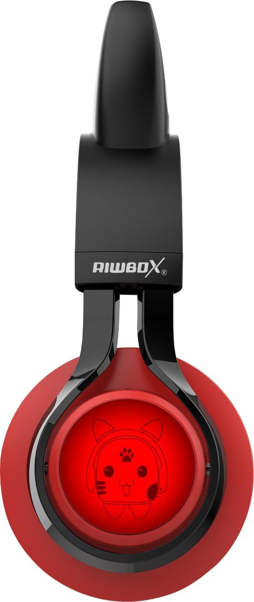 Riwbox CT-7 Cat Ear Bluetooth Headphones, LED Light Up Bluetooth Wireless Over Ear Headphones with Microphone and Volume Control for Travel/School/Smartphones/Laptop/PC/TV （Red&Black）