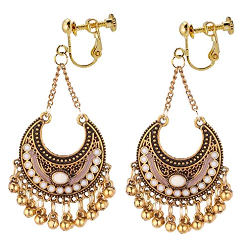 Bohemian Vintage Crescent Moon Clip On Jhumka Earrings For Women Girls Long Dangle Tassel Gold Plated Jewelry Traditional Indian Non Pierced Ears Painless Design Fashion Gifts For Her Birthday #TOP5