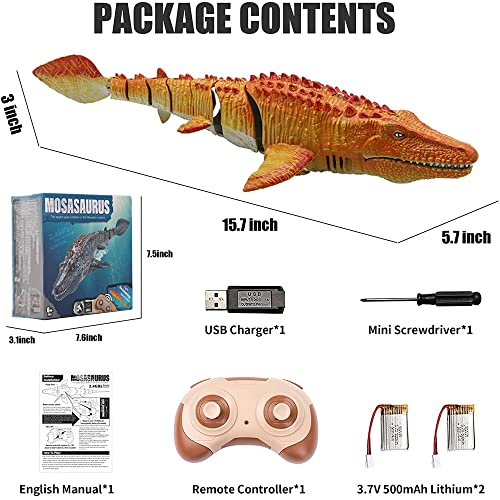 OBEST Ferngesteuertes Mosasaurus Boot, 2.4GHz RC Hai-Spielzeug, Shark Wasserspielzeug für Kinder Electric Dinosaurier-Boot, Simuliertes Mosasaurierschwimmen mit Wassersprühfunktion (2 Batterien)
