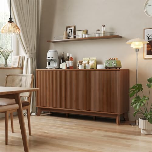IDEALHOUSE 58" Fluted Sideboard Buffet Cabinet with 3 Doors & Adjustable Shelves – Farmhouse Curved Wood Console Table, Coffee Bar Storage Cabinet Cupboard for Dining & Living Room by IDEALHOUSE - Used condition - US$103.98
