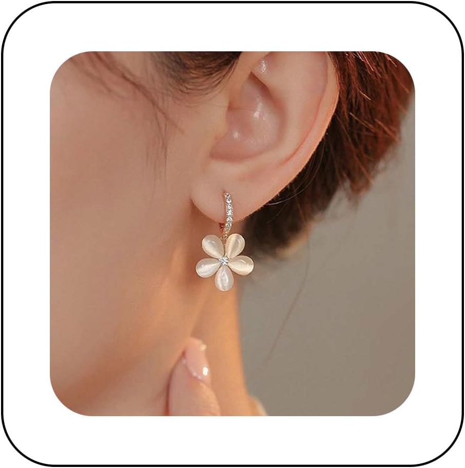 Boho Flower Gemstone Hoop Earrings Cat Eye Stone Flwoer Dangle Earrings Crystal Flower Drop Earrings Gold Cz Floral Earrings Flower Earrings Jewelry for Women