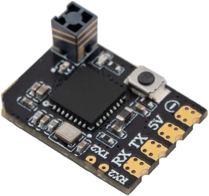 En ángulo view of the Radiomaster XR2 Nano receiver board, showing the integrated tower antenna and solder pads.