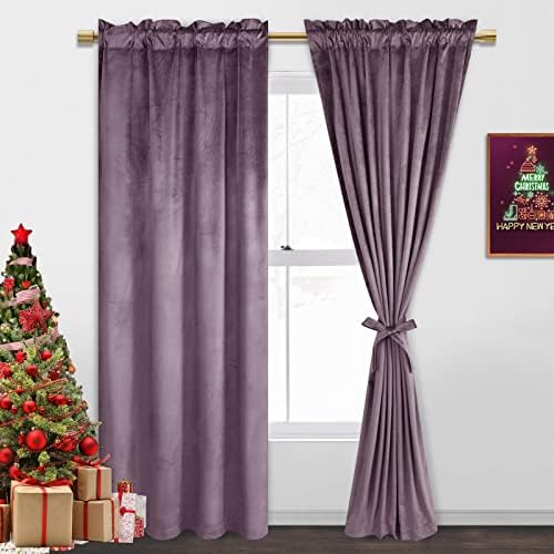 JIUZHEN Lavender Velvet Curtains for Bedroom - 72 inches Thermal Insualted Room Darkening Rod Pocket Blackout Drapes for Ofiice/Closet, Set of 2 Panels with Tiebacks, 52W x 72L