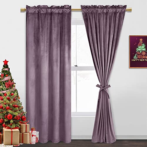 Jiuzhen Lavender Velvet Curtains For Bedroom - 72 Inches Thermal Insualted Room Darkening Rod Pocket Blackout Drapes For Ofiice/Closet, Set Of 2 Panels With Tiebacks, 52W X 72L #TOP3