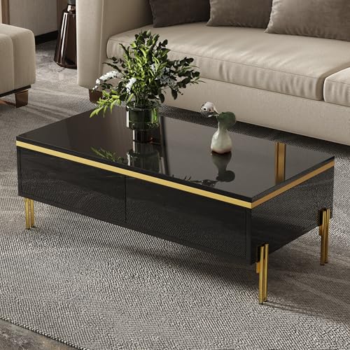 Image of Merax High Gloss Coffee Table with 2 Drawers Black Frame with Gold Line