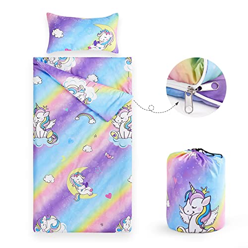 Wake In Cloud - Sleeping Bag Zippered, Nap Mat With Matching Pillow For Kids Boys Girls Sleepover Overnight Travel Slumber Bag, Colorful Unicorns Rainbow, 100% Soft Microfiber #TOP1