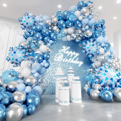 EICUECUE Frozen Balloons Garland Arch Kit - 178Pcs Winter Wonderland Snowflake Blue Silver White Balloon for Winter Wonderland Theme Baby Shower Christmas Snow Girl Princess Birthday Party Decorations
