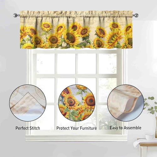 Image of Sunflower Kitchen Curtains 3 Piece Set Tier Valance Window Decor | 3 Piece Kitchen Curtain Set Includes 54x18in Valance and Two 27.5x36in Tier Curtains for Kitchen, Bedroom and Living Room