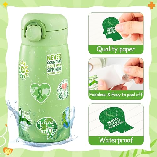 Image of Mental Health Awareness Stickers - 1000 Pcs Green Ribbon Mental Health Awareness Month Waterproof Vinyl Reusable Laptop Stickers Coloring Scrapbook Water Bottle Page Activity Pad Party Favors