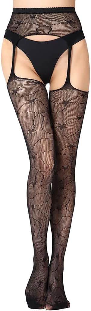 Black Suspender Fishnet Stockings, Sexy Lingerie One-Piece Suspenders, Long Lace Stockings for Women 2 Pairs