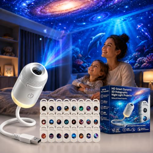 HD Smart Dynamic 5D Holographic Night Light Projector 2-in-1 Galaxy Star and Ocean Projector with 24 Films 360 Rotating USB Powered Ceiling Light for Bedroom Kids Room Decor (24PCS)