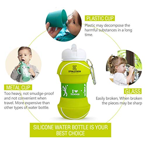 Ethletico Collapsible Water Bottles With Carabiner Food Grade Sports Water Bottle For Gift Kids Folding Water Bottle For Hiking, School, Gym, School, Sports And Traveling 19Oz/550Ml (Tennis Ball) #TOP5
