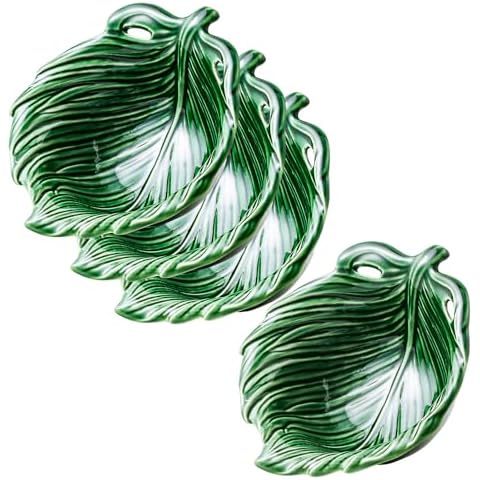 KXZ Set of 4 Green Leaf Ceramic Bowls 14.5oz - Handcrafted Underglaze, Decorative Design, Multi-Purpose Kitchen Bowls Cover