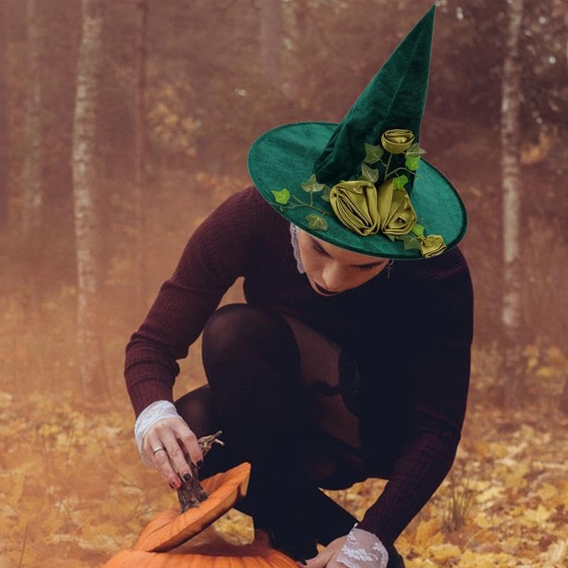 USUKUSI Halloween Green Witch Hat Vine Decorated Wizard Hat for Women Girls Halloween Carnival Christmas Party Cosplay Costume Headwear Accessories