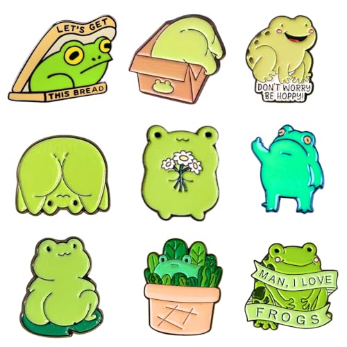 Image of 9PC Frog Pins Enamel Cute Funny Frogs Mushroom Enamel Brooch Button Pin Set For Backpacks Tote Bag Hat Jackets Adults Meme Cartoon Animal Work Novelty Fun Funky Weird Green Accessories Gifts