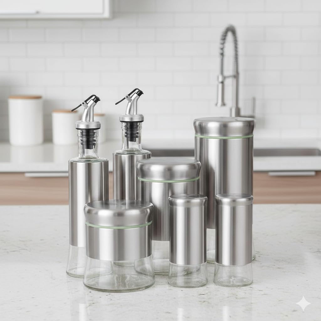 Galheteiro Aço Inox 7 Peças Porta Condimentos Completo