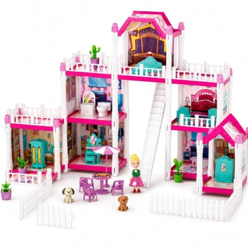 Image of Luxury Villa DIY Doll House Building Set 240 PCS with 7 Rooms, Furniture & Accessories for Girls 7+