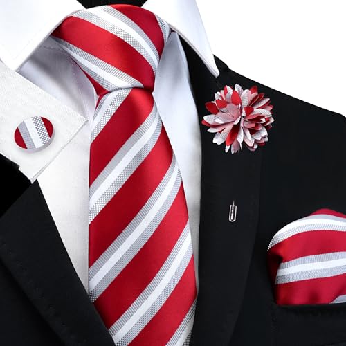 Image of GUSLESON 3.15 inch（8cm） Mens Stripe Tie and Lapel Pin Necktie Hankerchief Cufflinks Set for Men