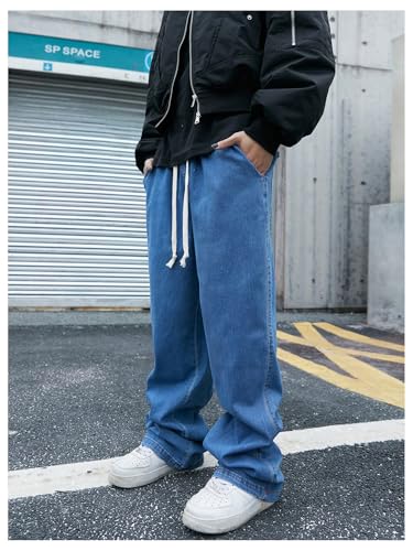 OYOANGLE Men's Drawstring Elastic Waist Wide Leg Cargo Jeans Baggy Casual Denim Pants with Pockets4
