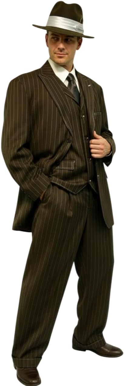 Men’s Brown Pinstripe Zoot – 1920s Gangster Vintage 3-Piece Suit with Wide-Leg Pants and Fedora Look - Three Buttons
