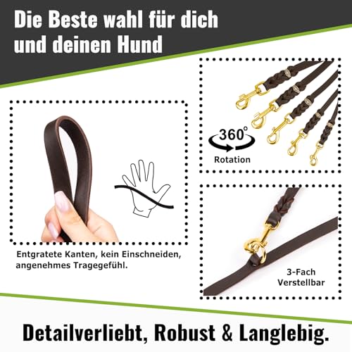 Hundeleine Leder 2m kleine Hunde leicht Fettlederleine [3-Fach Verstellbar] Lederleine geflochten – robuste Leine Hund mit Messingbeschlägen – Führleine Hund & Freihandleine zum Umhängen, Braun 8mm