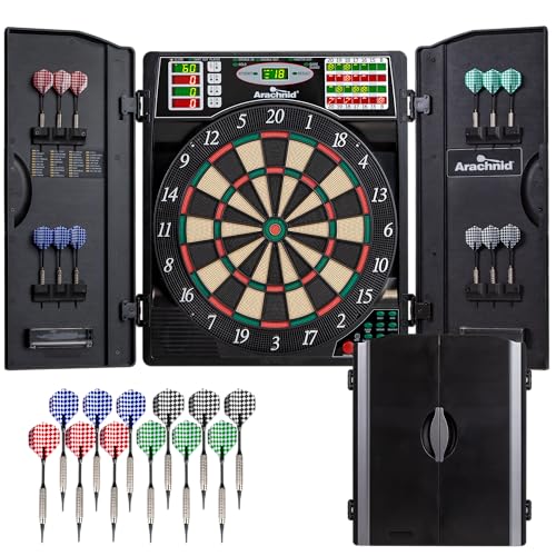 Arachnid Titanium 5400: 13.5” target with integrated cabinet. Offers 38 games, 316 variations, color LED scoring, and solo play. Includes Double In/Out modes for competitive game room fun