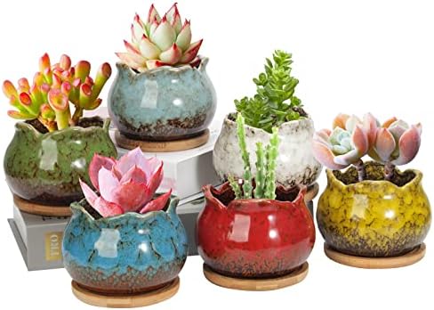 Laerjin Succulent Pots, 4 Inch Ceramic Plant Pots and Drainage Hole with Bamboo Tray, Colorful Flower Planter Pot, Pack of 6 (Plants Not Included)