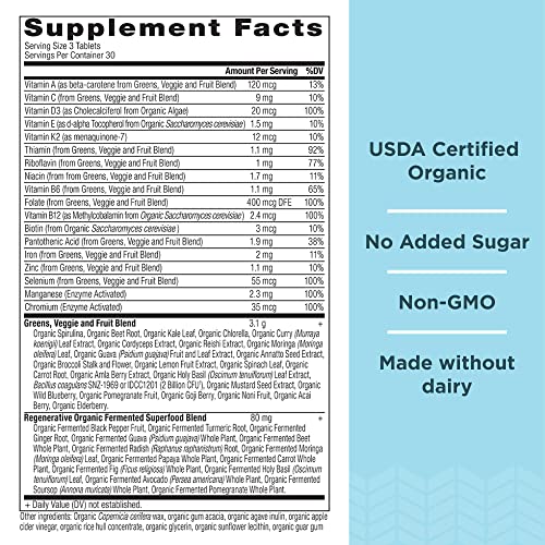 Ancient Nutrition Organic SuperGreens and Multivitamin Tablets with Probiotics, Made from Real Fruits, Vegetables and Herbs, for Digestive, Detoxification and Energy Support, 90 Count - Image 3