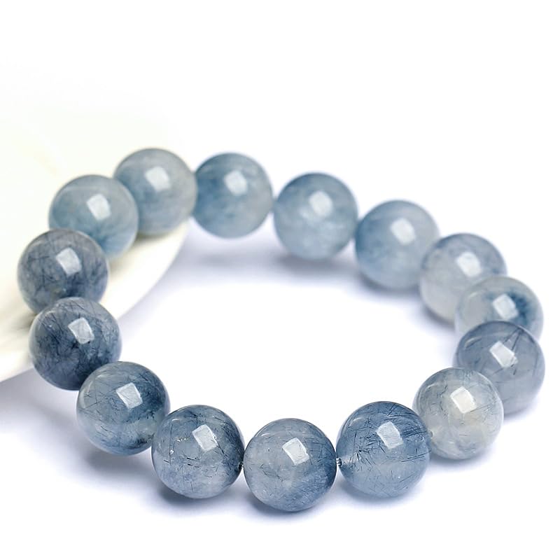 Bracciale in Cristallo di Quarzo Naturale con Pelo di Coniglio Blu Venere - Bracciale Elasticizzato con Perline Rotonde per Donna - Dumortierite Blu Genuina,7mm