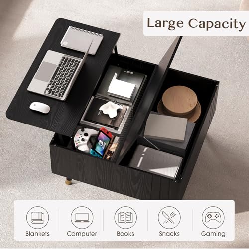 Image of JOINICE Square Lift Top Coffee Table with Storage for Living Room,Black | 32 inch Multi-functional Pop Up Center Table,Large Hidden Compartments with Solid Wood Legs,Lift to 23 inch,Hold 100lbs,Easy Assembly