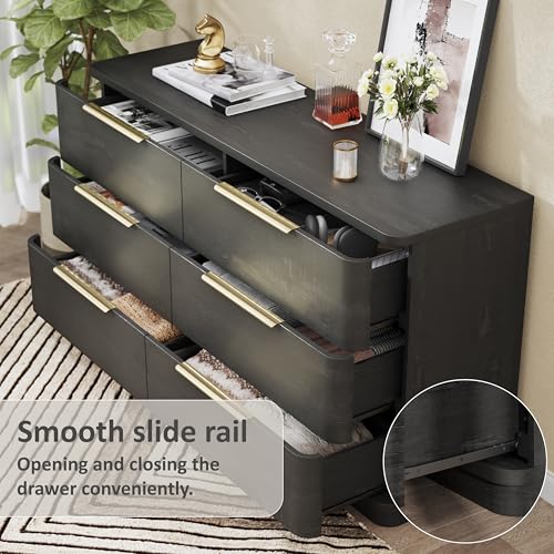 Image of 6 Drawer Dresser for Bedroom, 54 inch Wide Modern Chest of Drawers with Metal Handle, Curved Profile Design, Wooden Black Dresser Closet Clothes Storage TV Stand for Living Room, Hallway