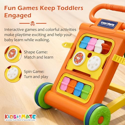 Image of Kidsmate Baby Activity Walker with Toy Bar | Foldable Push Walker for Babies 6-18 Months | Interactive Learning Walker with Shape & Spin Games | Supports Early Steps, Learning & Playtime Fun - Orange