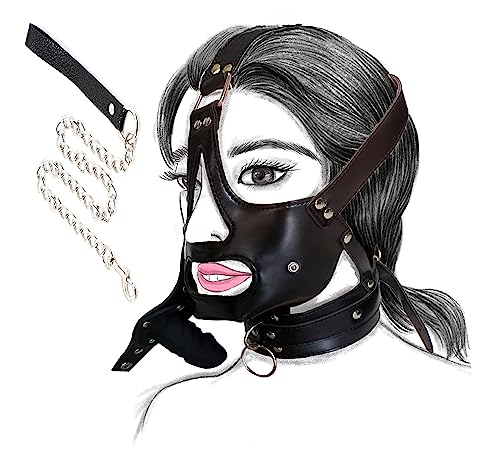 MFMYEE Bondage maske BDSM Gürtel Schleppkette, abnehmbarer Penisplug schwarz, Fetisch Penis knebel Stirnband Silikon Dildo Kragen Cosplay Bondage sextoys