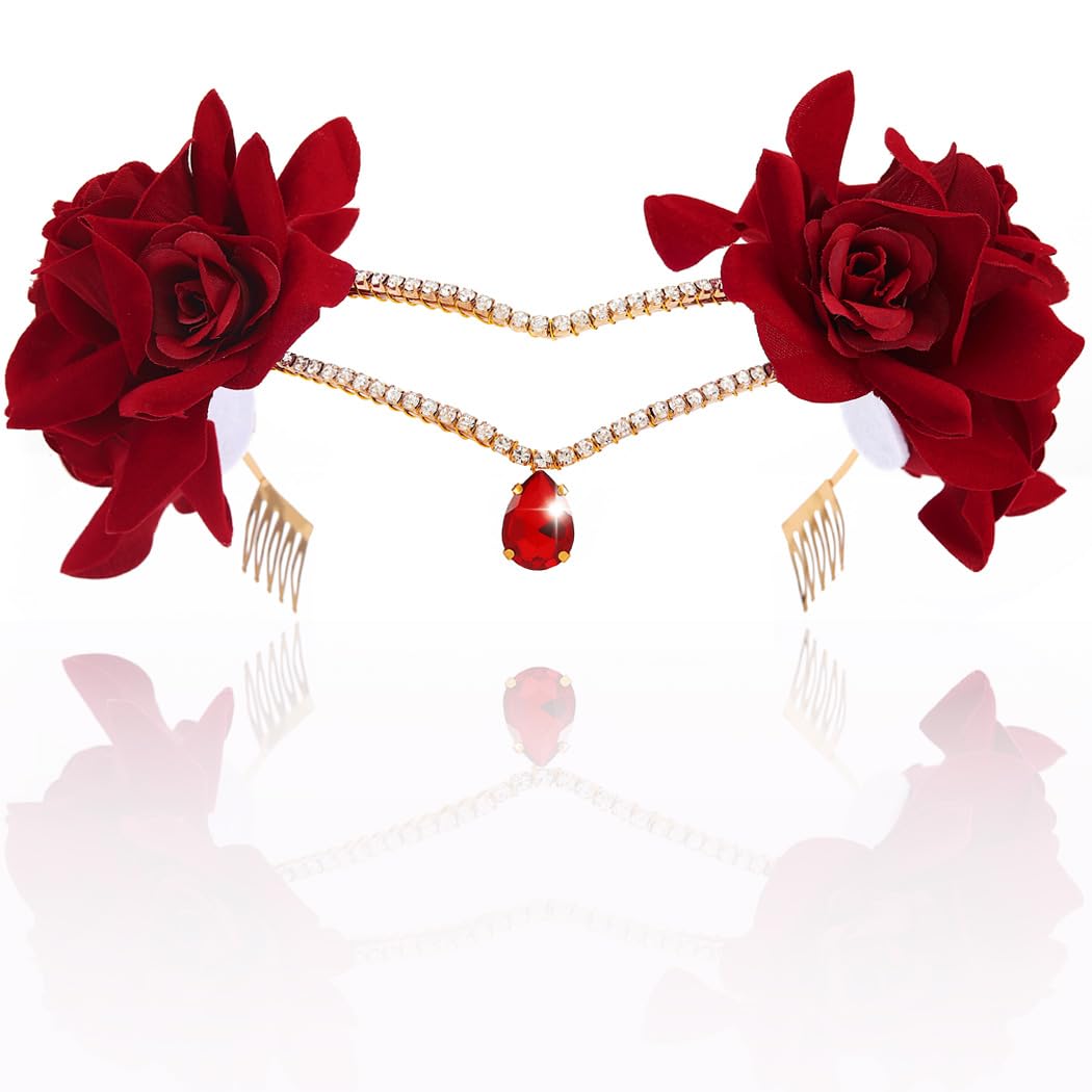 Vakkery Corona de cristal para mujer, color dorado, con estrás, tiara para novia, diadema con flor de rosa, accesorio para bodas, accesorios para el pelo, para graduación, cumpleaños, Halloween