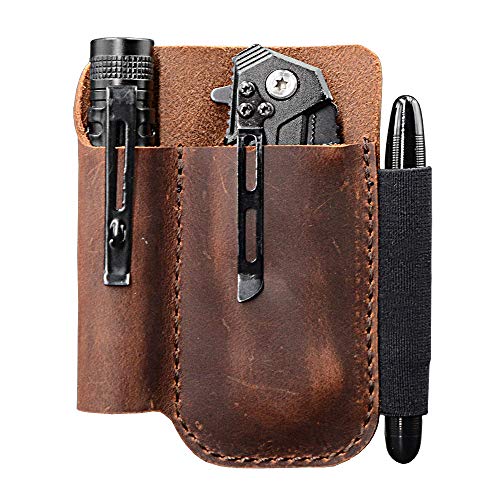 EDC Leather Pocket Pouch, Knife Organizer Pouch, Pocket Slip, EDC Carrier, with Pen Loop, Everyday Carry Organizers, Full Grain Leather. Chestnut.