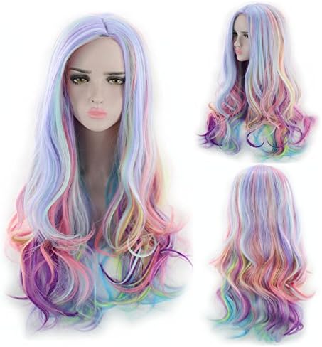 ATAYOU Long Curly Rainbow Hair Wigs Multi-Colored Long Wave Cosplay Wig For Women Halloween Karneval Wig + Wig Cap (Colorfull)