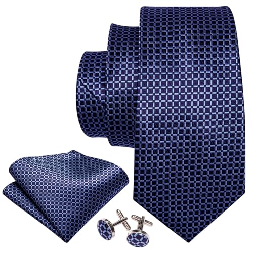 Image of Barry.Wang Mens Tie Set Plaid Check Neckties Formal Business Wedding Luxury Pocket Square Cufflinks